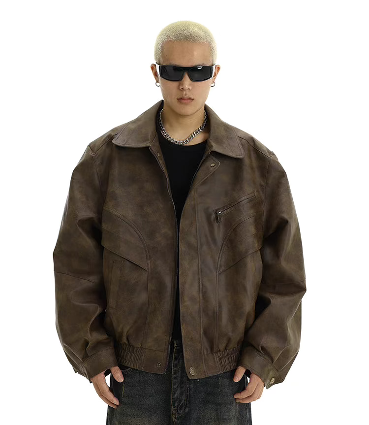 Brown Leather Bomber Jacket